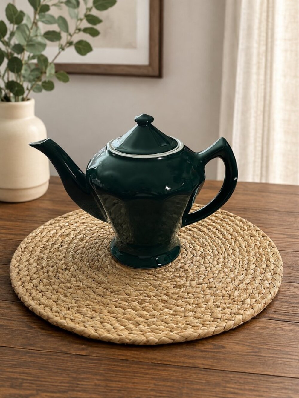 Vintage Hall USA Dark Green Ceramic Teapot with Lid Made in USA Mid Century Tea